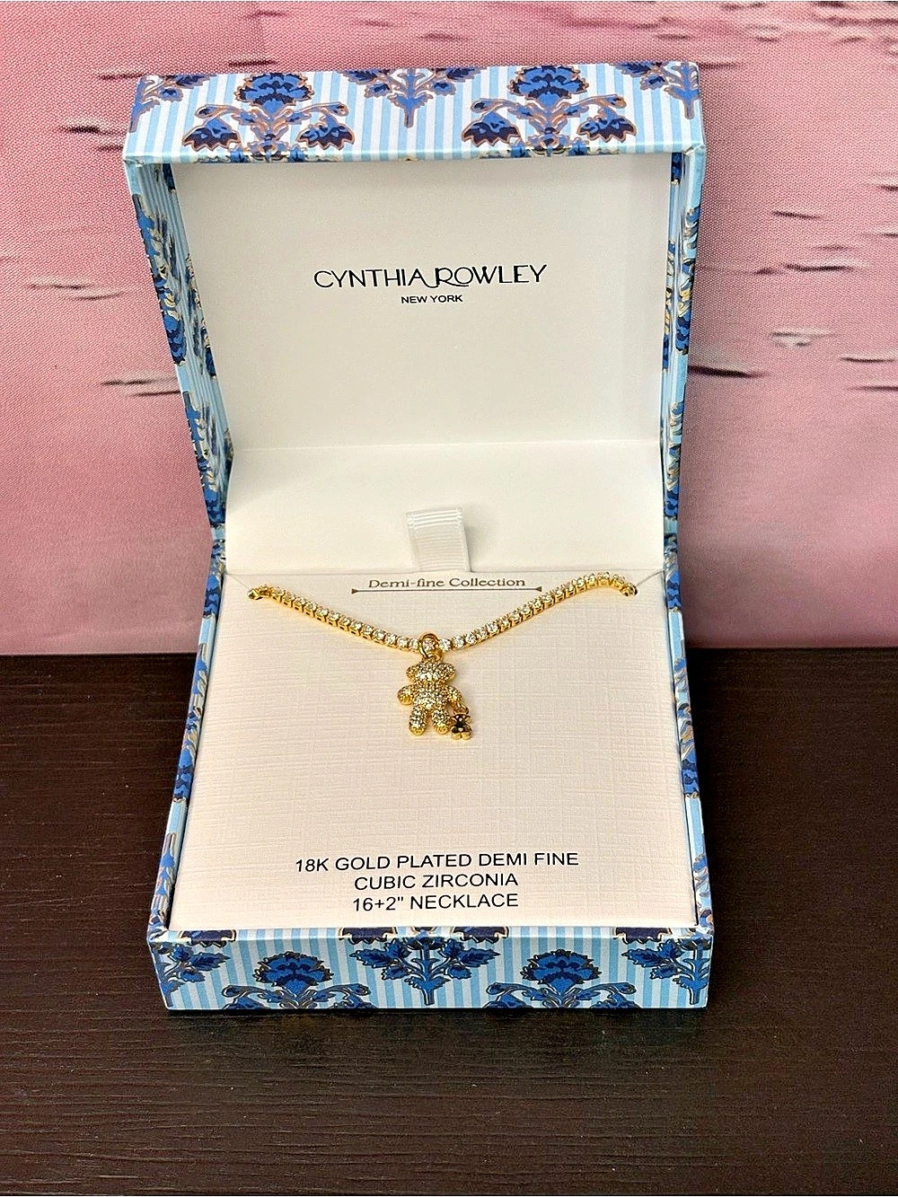 Cynthia Rowley Demi-Fine Collection 18k gold plated CZ bear pendant necklace NIB